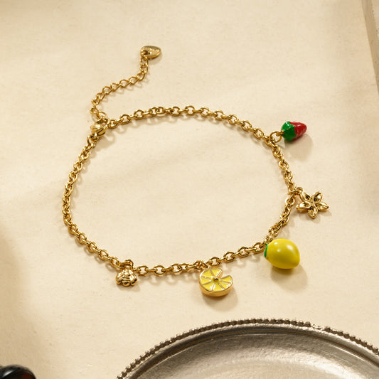 Chaîne de cheville 5 breloques citron et fraise