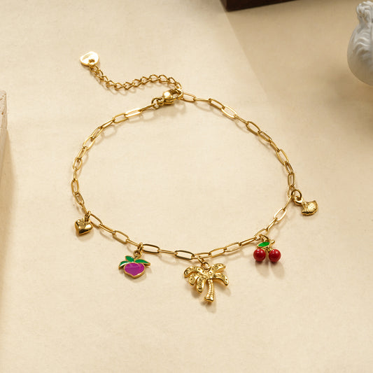 Chaîne de cheville 5 breloques palmier et fruits