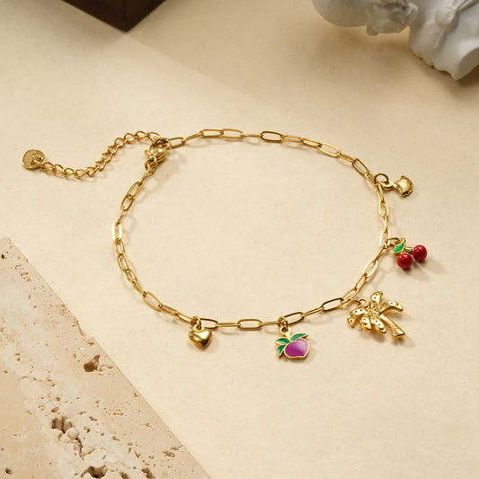 Chaîne de cheville 5 breloques palmier et fruits