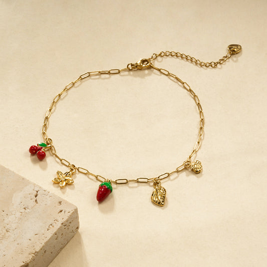 Chaîne de cheville 5 breloques fraise et cerise