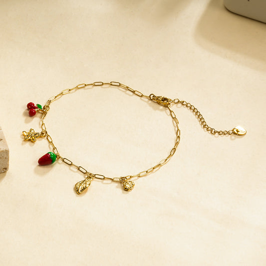 Chaîne de cheville 5 breloques fraise et cerise