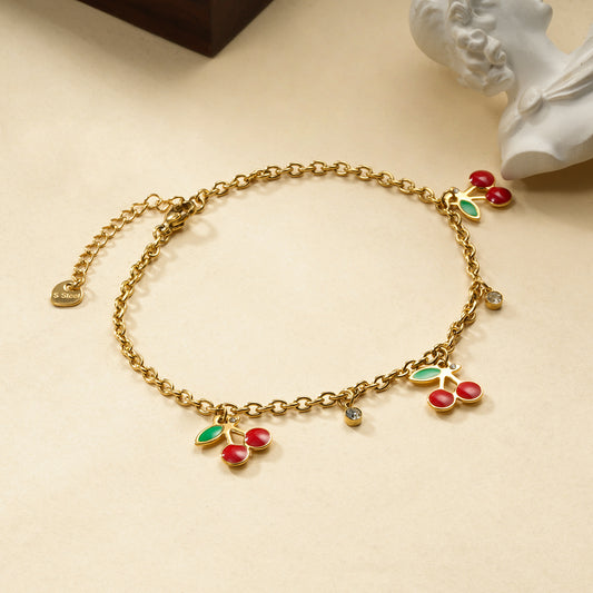 Chaîne de cheville triple cerises et strass