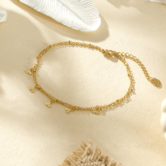 Chaîne de cheville dorée double rang mini feuilles de ginkgo