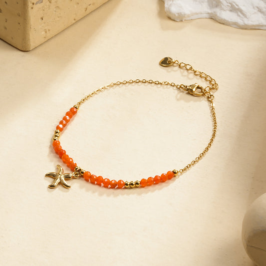 Chaîne de Cheville Dorée Pendentif Étoile De Mer Et Perles Oranges