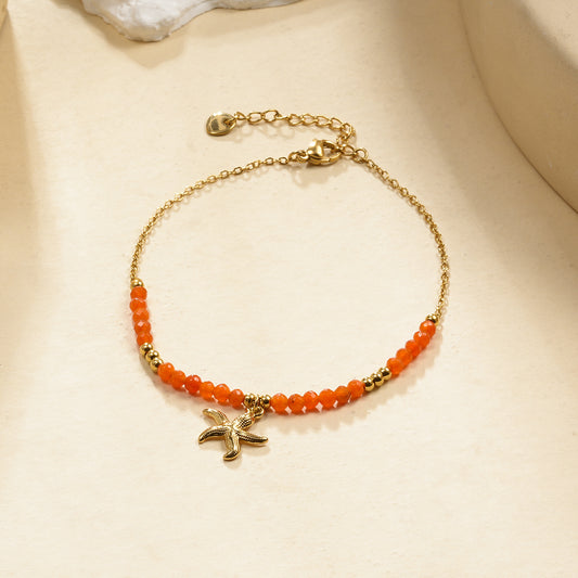Chaîne de Cheville Dorée Pendentif Étoile De Mer Et Perles Oranges