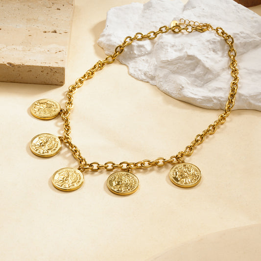 Collier chaîne dorée à pampilles médaillons gravés style pièce antique