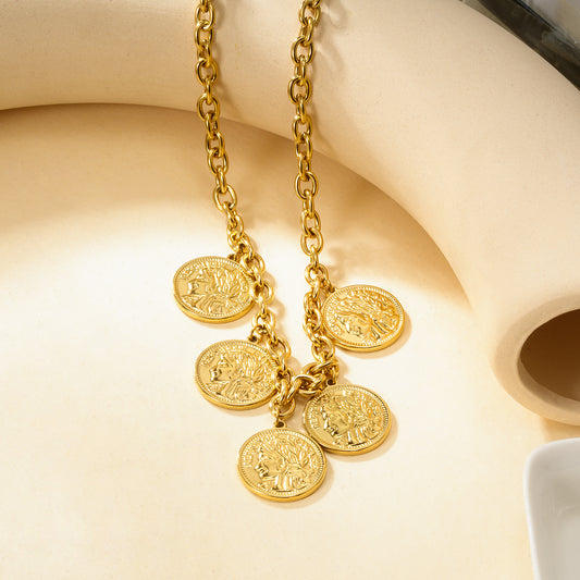 Collier chaîne dorée à pampilles médaillons gravés style pièce antique