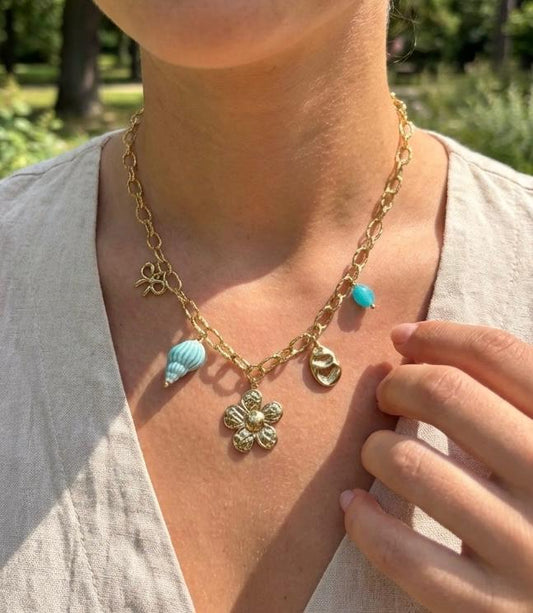 Collier Chaîne Doré Charms Fleur, Soleil Et Pierre Turquoise