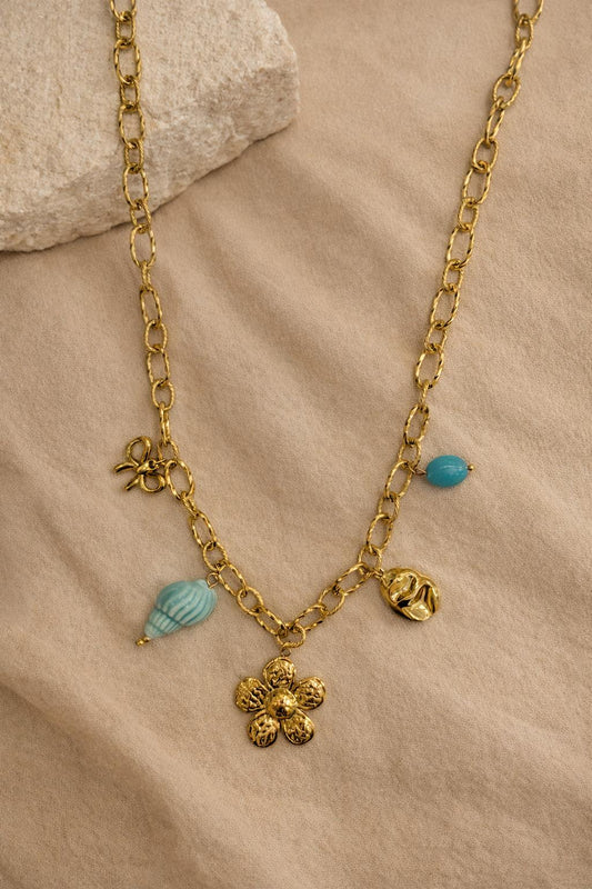 Collier Chaîne Doré Charms Fleur, Soleil Et Pierre Turquoise