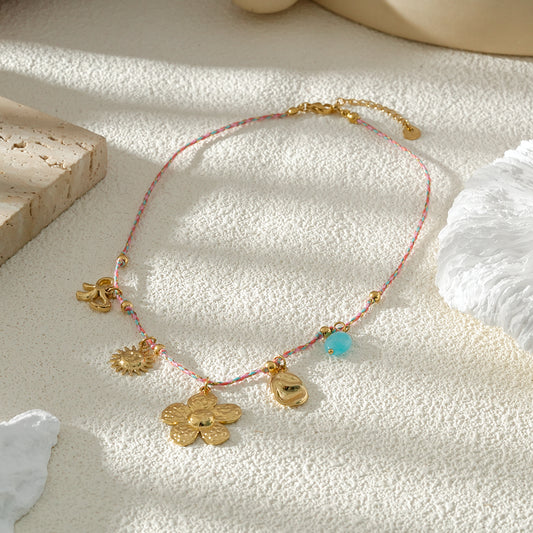 Collier Cordon Multicolore Doré Charms Fleur, Soleil Et Pierre Turquoise