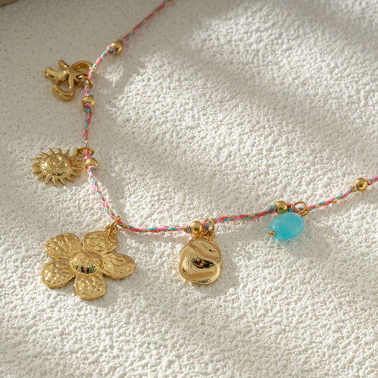 Collier Cordon Multicolore Doré Charms Fleur, Soleil Et Pierre Turquoise