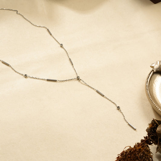 Collier en Y Chaîne Argentée Avec Strass et Barre