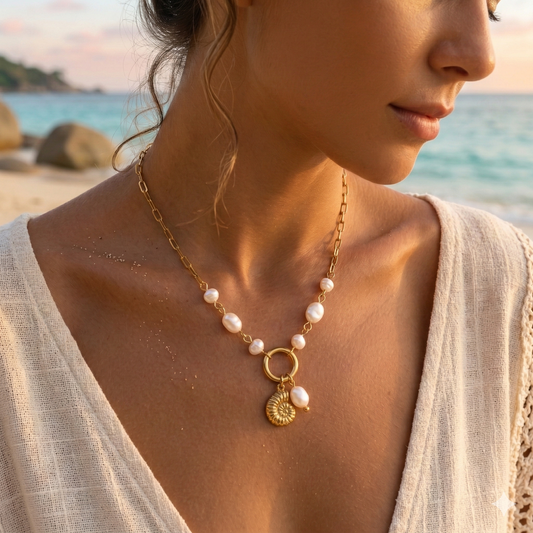 Collier doré chaîne et perles avec pendentif nautile