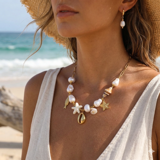 Collier doré perles et coquillage, étoile de mer et poisson