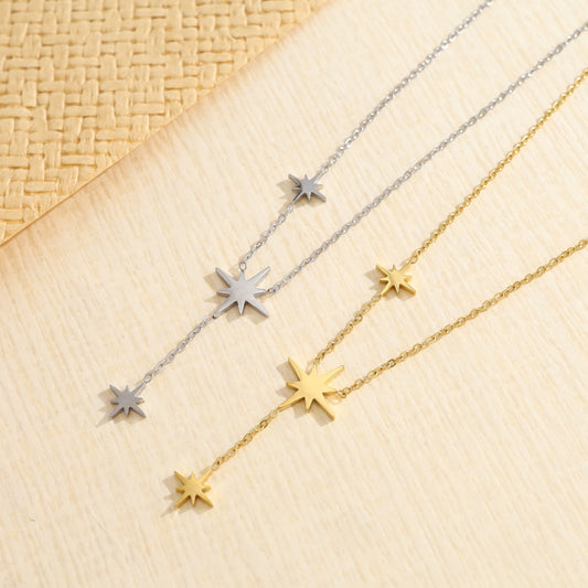 Collier argenté chaîne fine en Y argenté avec étoiles 8 branches