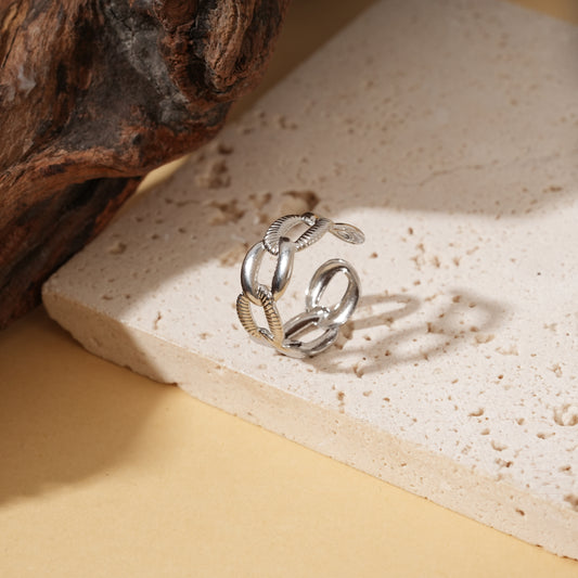 Bague ajustable argentée chaîne alternée lisse et texturé