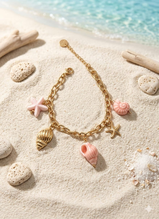 Bracelet doré breloques mer colorée rose