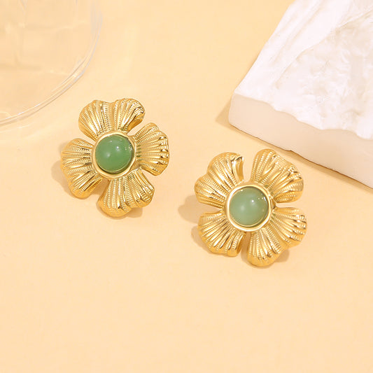 Boucles d'oreilles 4 pétales fleurs dorées pierre aventurine