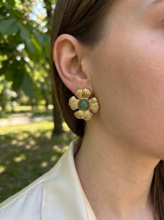 Boucles d'oreilles 4 pétales fleurs dorées pierre aventurine
