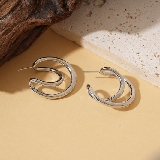 Boucles d'oreilles argentées créoles doubles arrondies effet miroir