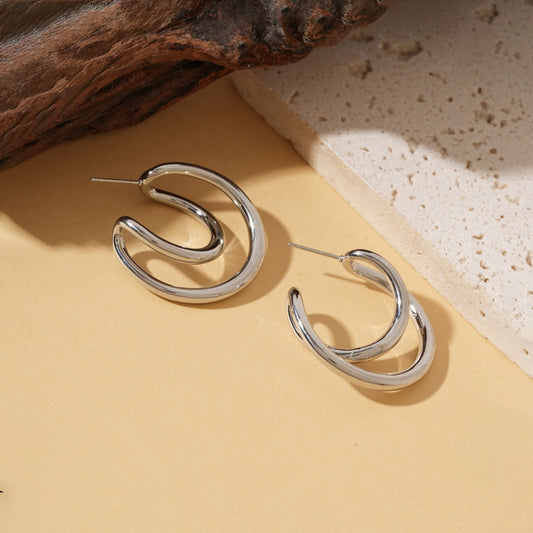 Boucles d'oreilles argentées créoles doubles arrondies effet miroir