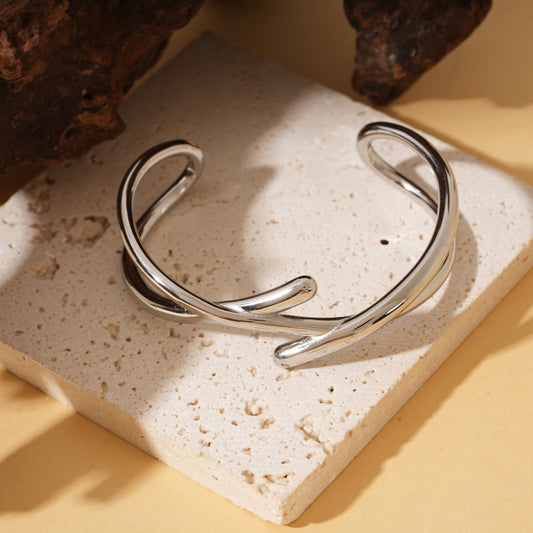 Bracelet jonc ajustable argenté à branches croisées