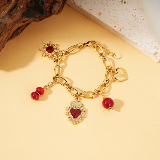 Bracelet doré pendentifs cœurs ex-voto perles rouge