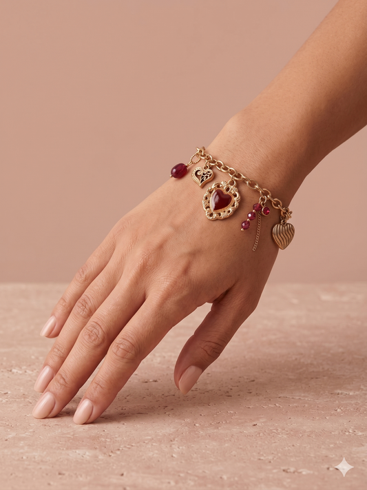 Bracelet doré pendentifs cœurs ex-voto pierres rouge