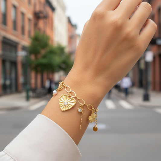 Bracelet doré à maillons ovales avec charms cœur strassé, fleur et perle