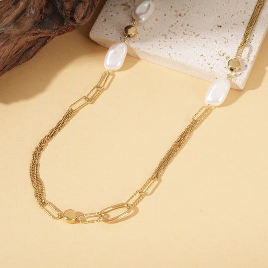 Collier sautoir doré multi chaîne texturées ornés de perles