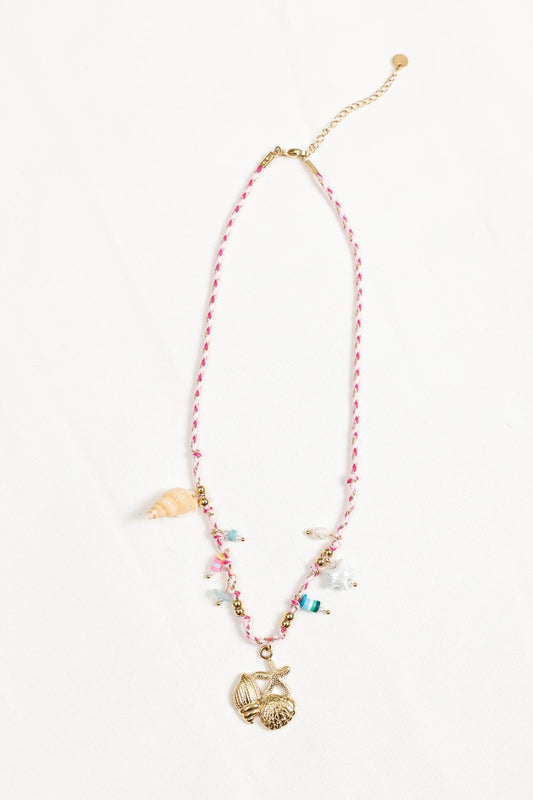 Collier cordon rose avec pendentifs étoile de mer