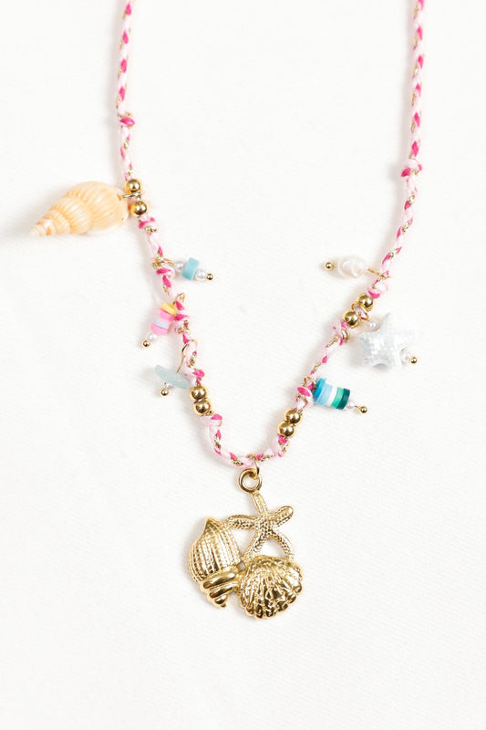 Collier cordon rose avec pendentifs étoile de mer
