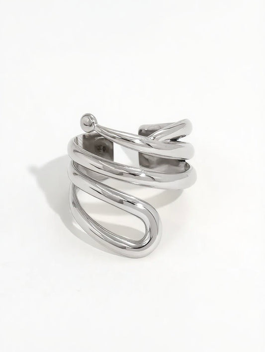 Bague argentée ajustable ajourée lignes ondulées