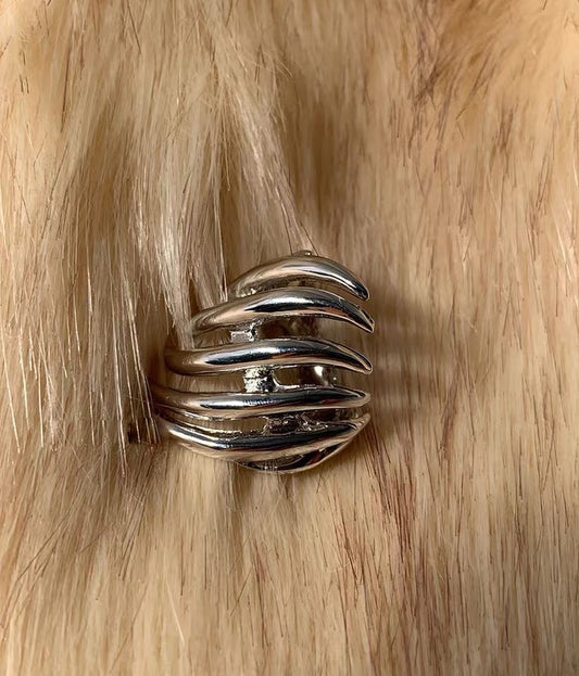 Bague ajustable argentée épaisse multi-branches sculpturales