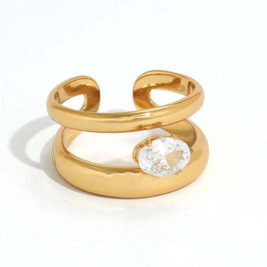 Bague dorée double branche strass ovale allongé