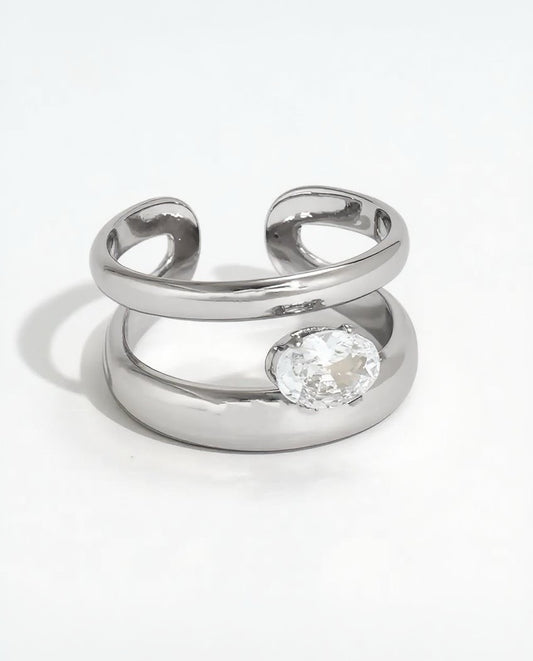 Bague argentée double branche strass ovale allongé