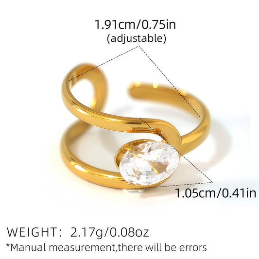 Bague dorée ajustable strass ovale entouré par 2 branche lisse