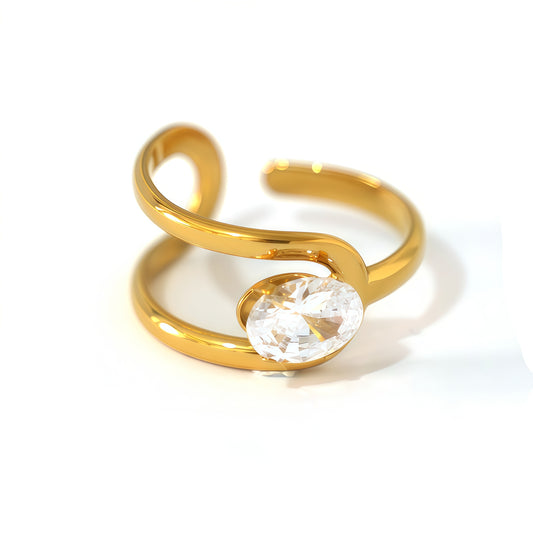 Bague dorée ajustable strass ovale entouré par 2 branche lisse