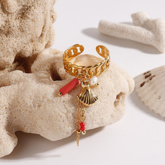Bague Ajustable Chaîne Dorée Charms Marins Et Corail Rouge