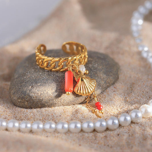Bague Ajustable Chaîne Dorée Charms Marins Et Corail Rouge
