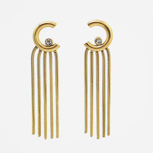 Boucles d'oreilles dorées pendantes à franges de chaînes fines avec lunes et strass