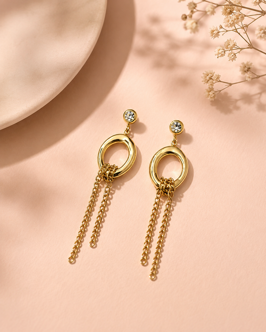 Boucles d'oreilles pendantes dorées anneau et chaînes