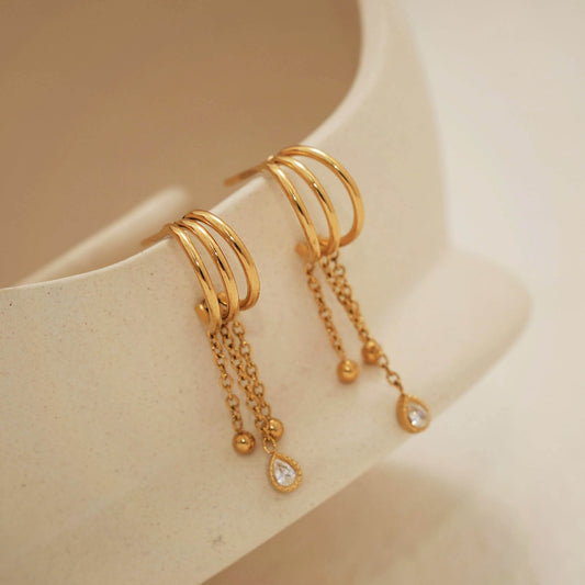 Boucles d'oreilles triple branches pendantes billes et strass