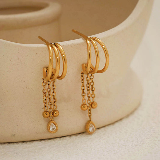 Boucles d'oreilles triple branches pendantes billes et strass