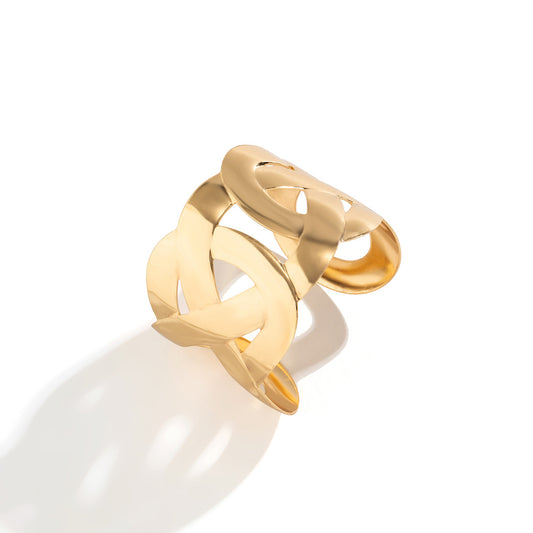 Bracelet manchette ajustable dorée maillons larges entrelacés lisse