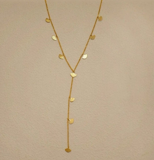 Collier doré chaîne fine en Y orné de fleur de ginkgo