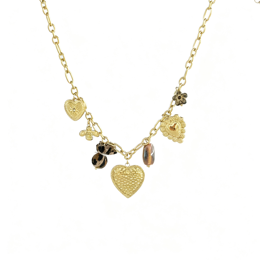 Collier chaîne dorée pendentifs cœurs exturé et fleur marron