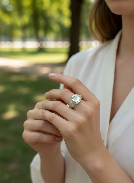 Bague argentée plateau ovale lisse avec anneau gravé floral