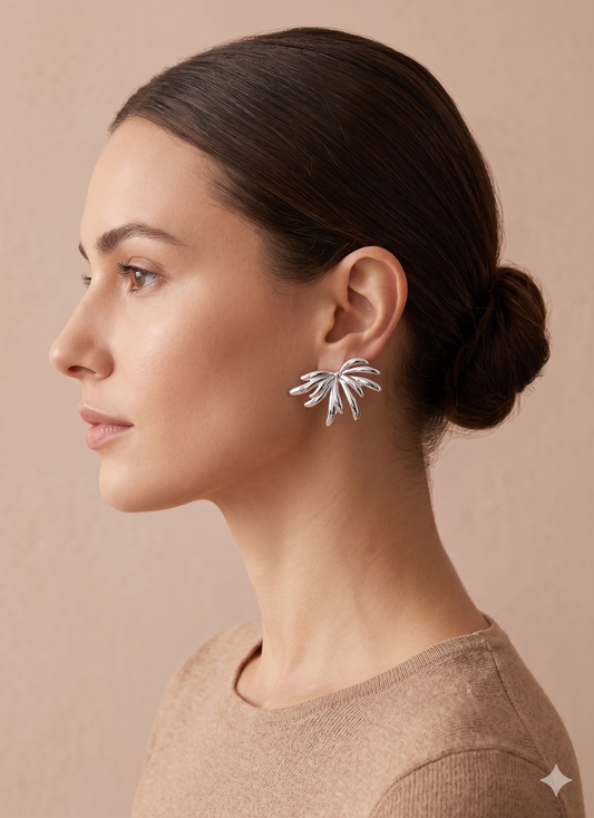 Boucles d'oreilles argentées motif floral abstrait