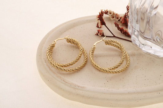 Boucles d'oreilles doré créoles double anneaux texturé